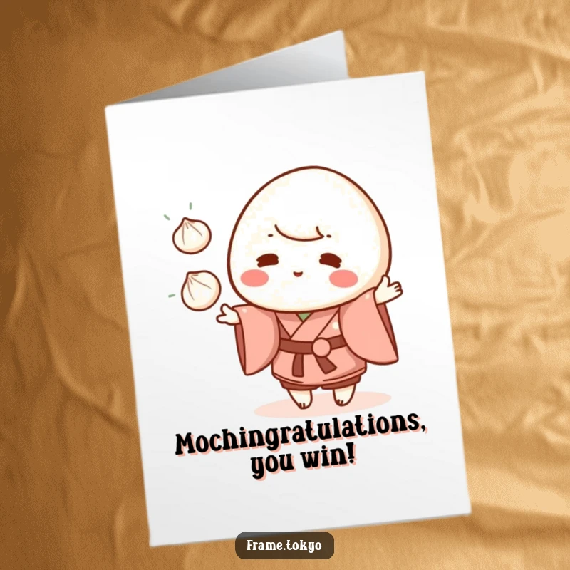 Funny Free Printable Congratulations Card: A cute mochi character wearing a kimono, skillfully juggling three small dumplings with a proud expression.