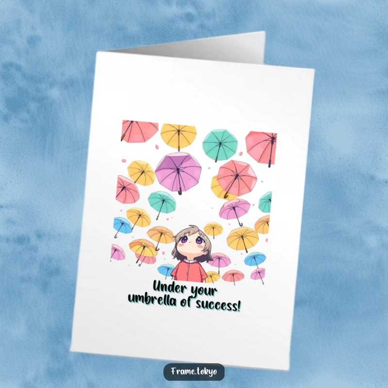 Funny Free Printable Congratulations Card with a character gazing in wonder at a colorful umbrella-filled sky.