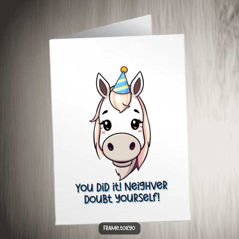 Funny Free Printable Congratulations Card: A horse with a dopey smile and tiny party hat, perfect for celebrating achievements.