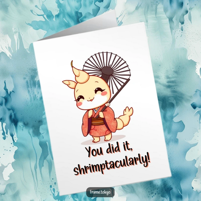 Funny Free Printable Congratulations Card: Kawaii tempura shrimp in a patterned kimono peeking from behind a fan, celebrating with joy.
