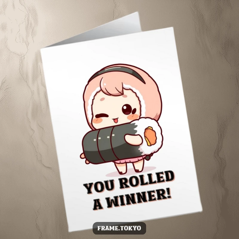 Funny free printable congratulations card: A character winks playfully while holding a long sushi roll, celebrating success.