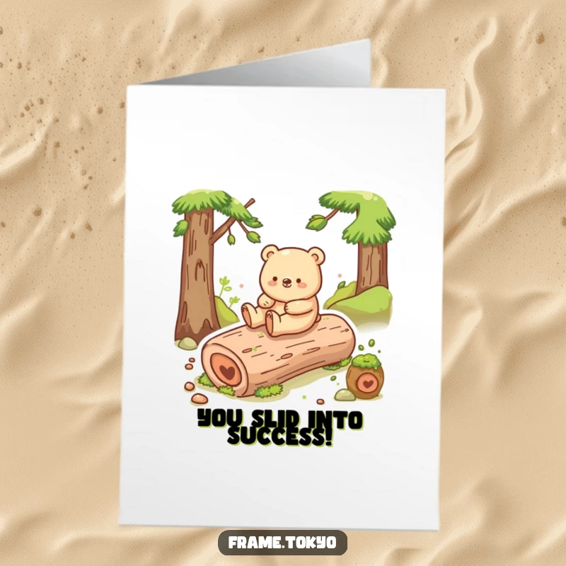 Funny Free Printable Bear Congratulations Card: Happy bear shuffling and sliding down a mossy log, downloadable celebration.