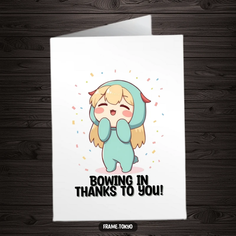 Funny Free Printable Thank You Card featuring a character bowing enthusiastically, showered in confetti.