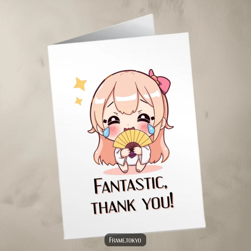 Funny free printable thank you card: A character sheds happy tears while waving a small, shimmering fan in thanks.