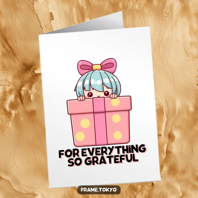 Funny Free Printable Thank You Card: Mischievous character peaking from behind a large, colorful gift box, showing thanks.
