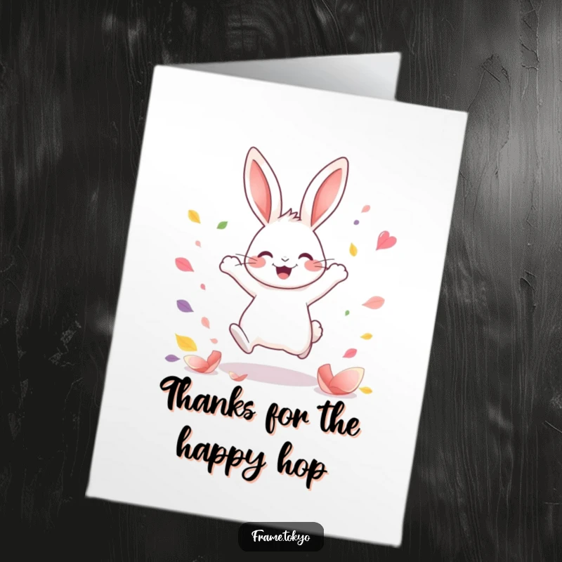 Funny Free Printable Thank You Card: A happy rabbit leaping joyfully amidst a scattering of bright, abstract petals.