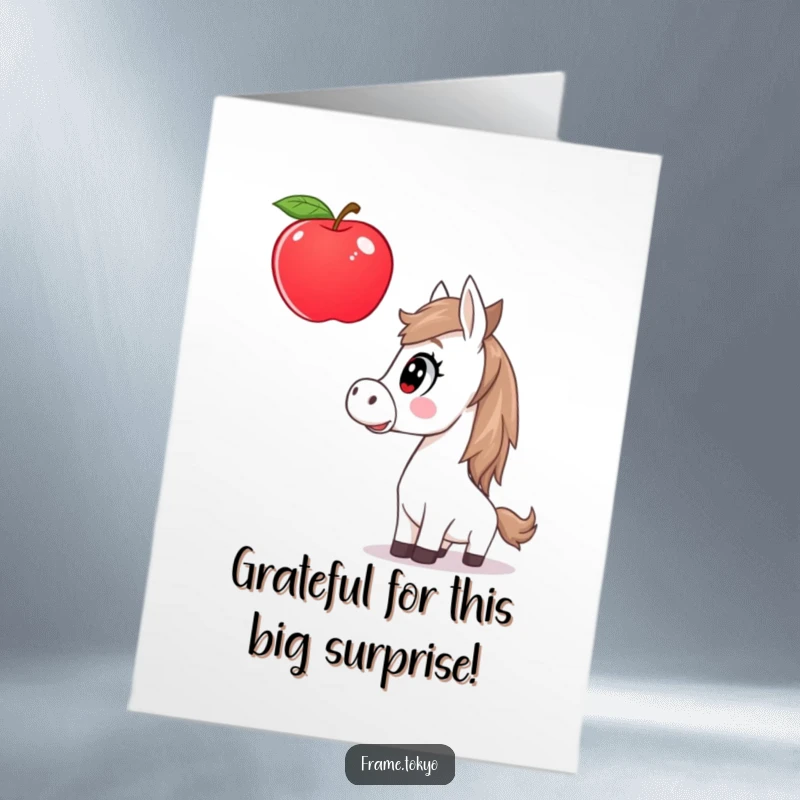 Funny Free Printable Thank You Card: A horse looking astonished at an enormous, floating apple.
