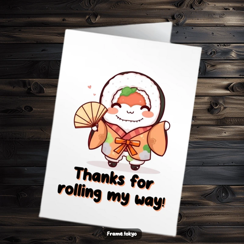 Funny Free Printable Sushi Thank You Card: Cute sushi roll in a colorful kimono happily waving a tiny fan, saying thank you.