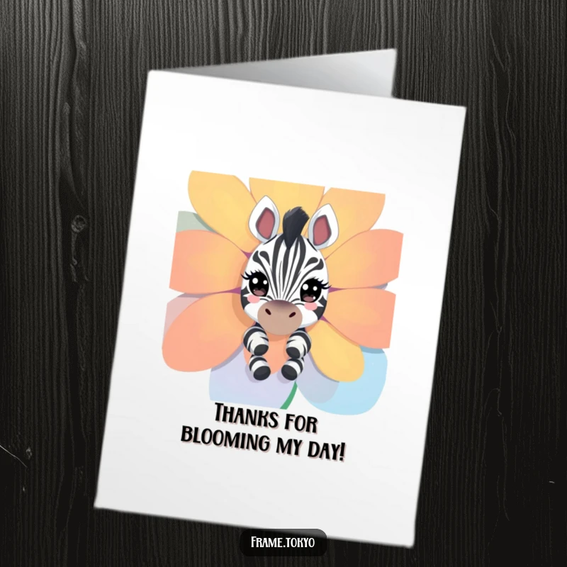 Funny Free Printable Thank You Card: A curious zebra peeks from behind a huge flower, offering thanks with sparkling eyes.