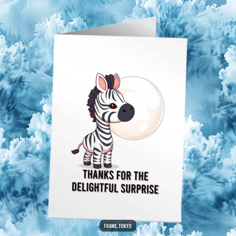 Funny Free Printable Thank You Card: Zebra curiously sniffing a large, translucent bubble, expressing gratitude with humor.