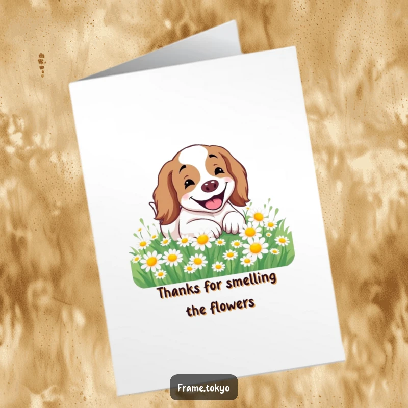 Funny Free Printable Thank You Card: A spaniel rolls ecstatically in a field brimming with daisies.