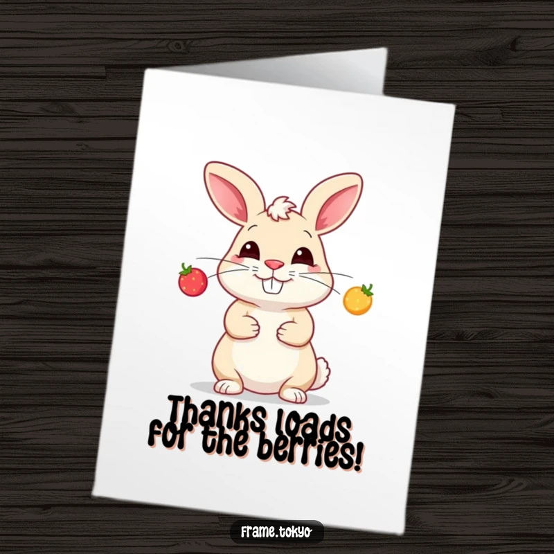 Funny Free Printable Thank You Card: A rabbit with a silly grin juggling glowing berries, a humorous appreciation download.