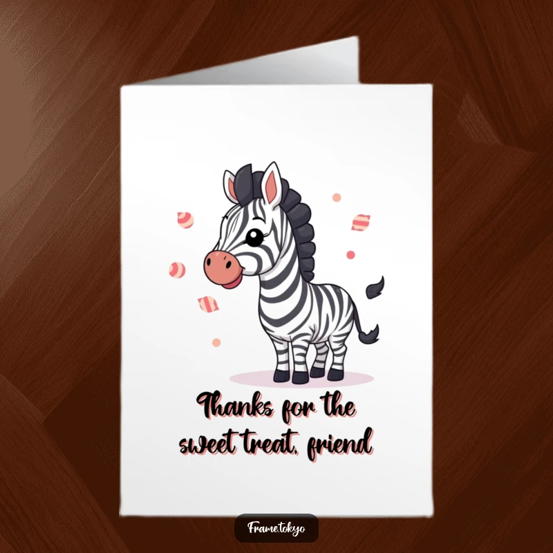Funny Free Printable Thank You Card: A zebra waving and juggling small striped candies, conveying a delightful thank you.