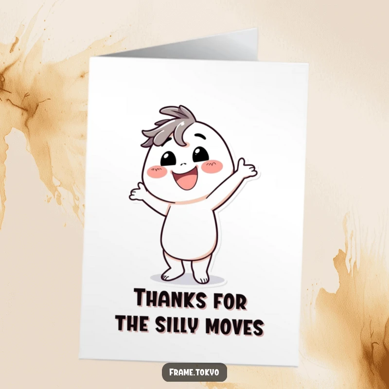 Funny Free Printable Thank You Card: A character beaming with a big smile, performing a silly dance.