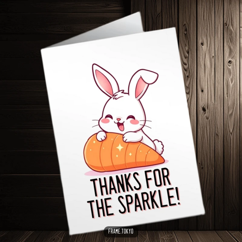 Funny Free Printable Thank You Card: Smiling rabbit with long ears, nibbling a giant sparkling carrot, cute bunny art.