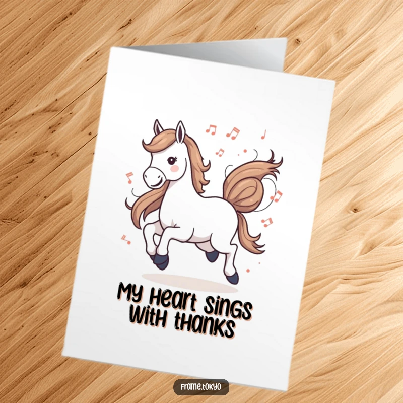 Funny Free Printable Thank You Card: Horse in a happy gallop with abstract musical notes swirling around, conveying vibrant thanks.