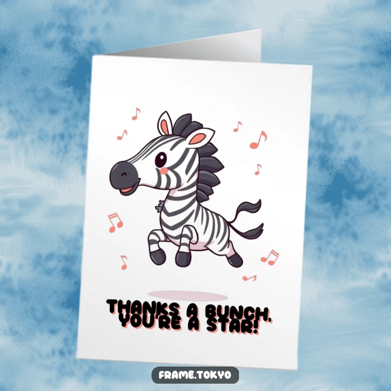 Funny Free Printable Thank You Card: Ecstatic zebra adorned with music notes, conveying a vibrant and musical thank you.