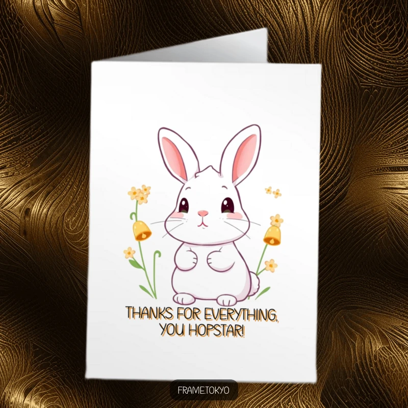Funny Free Printable Thank You Card: A rabbit with perked ears listening to tiny flower bells, a humorous appreciation download.
