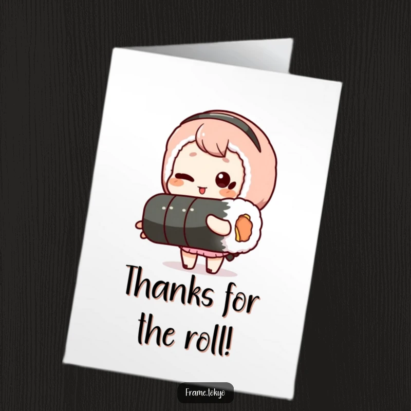Funny free printable thank you card: A character gives a playful wink while holding a long sushi roll, expressing thanks.