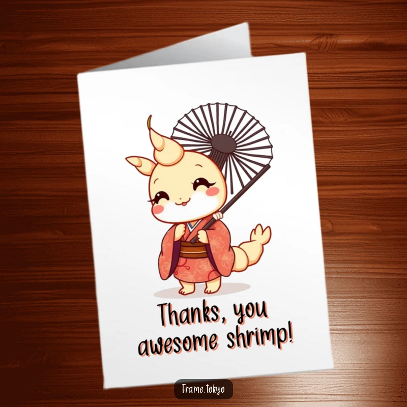 Funny Free Printable Thank You Card: A kawaii tempura shrimp in a kimono peeks from behind a fan, offering thanks with a smile.