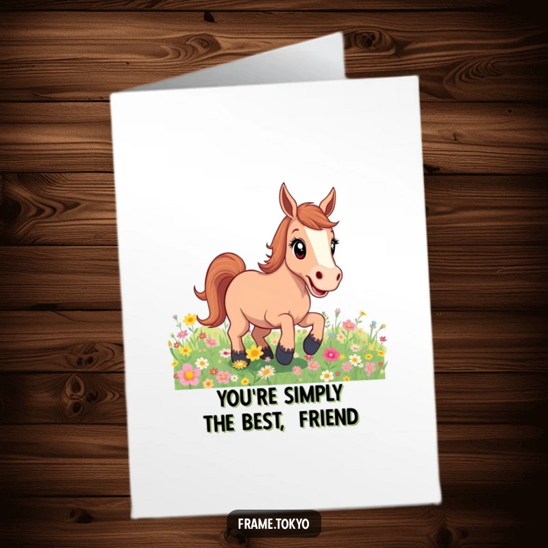 Funny Free Printable Thank You Card: Horse with wide, excited eyes, bucking playfully in a field of flowers, showing happy gratitude.