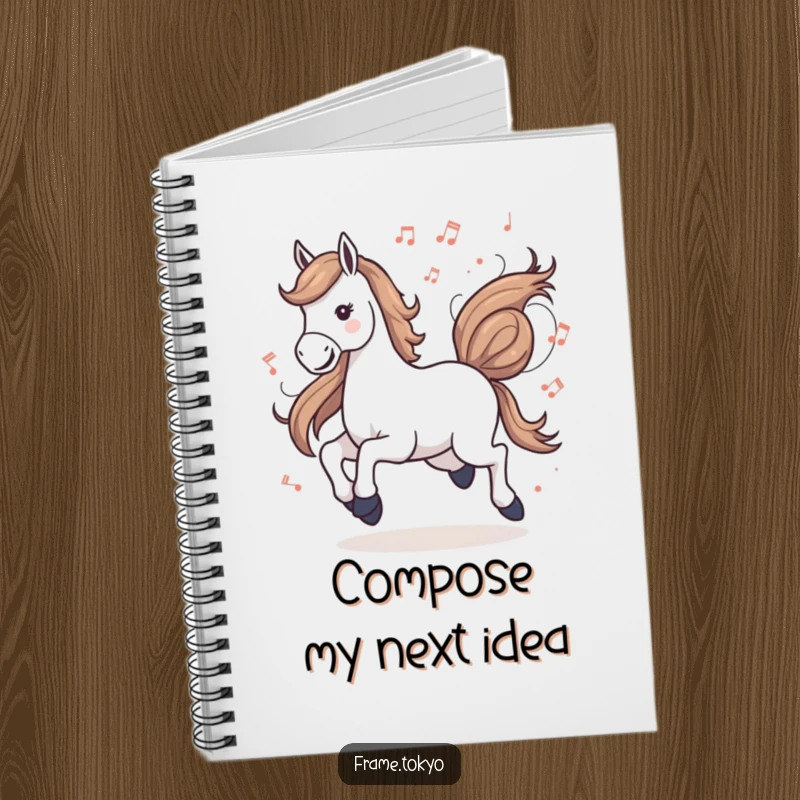 Funny musical horse gallop notebook, designed for capturing musical inspirations and creative writing with a flowing, artistic equestrian theme.
