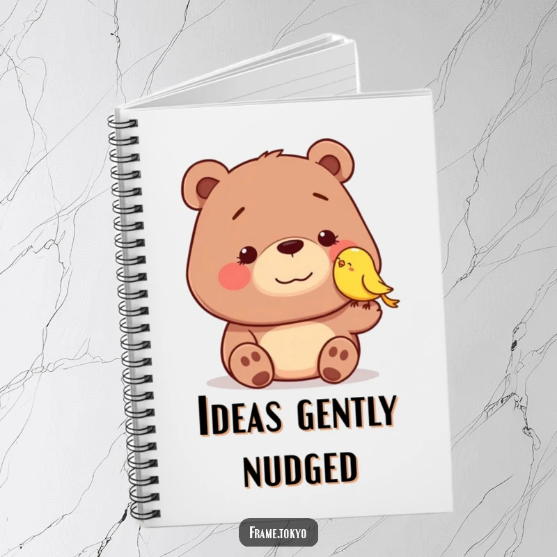 Funny notebook cover showing a dopey-smiling bear receiving a nudge from a tiny, smiling bird, inspiring notes with charm and humor.