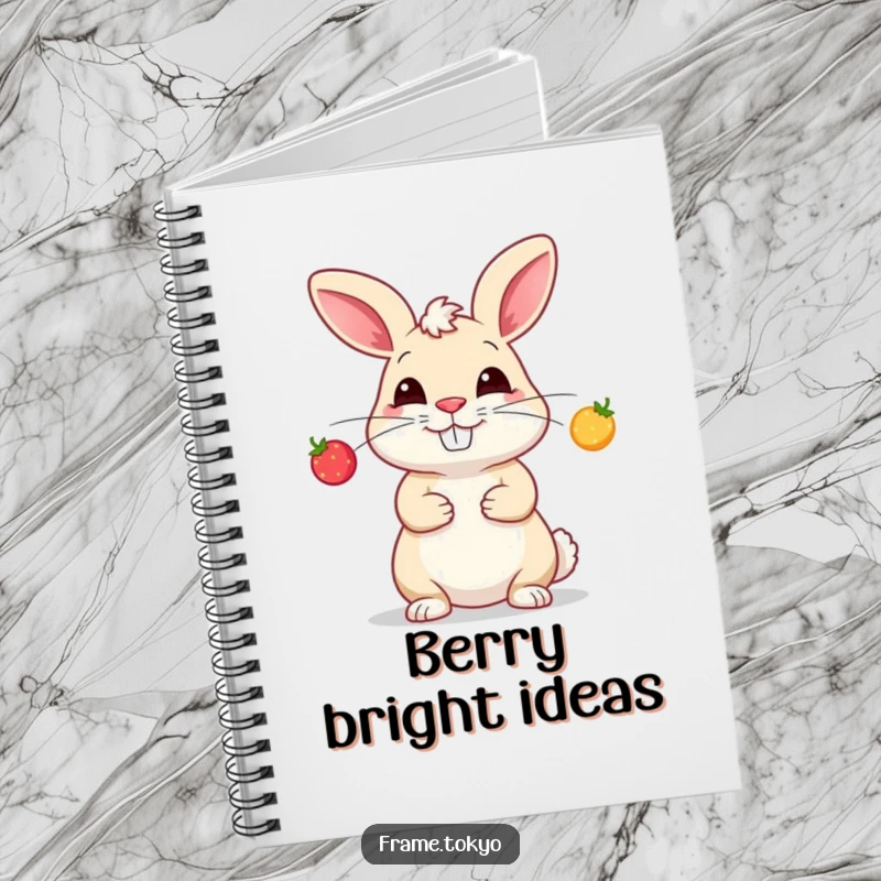 Funny notebook cover art of a rabbit with a silly grin, juggling three tiny, glowing berries.