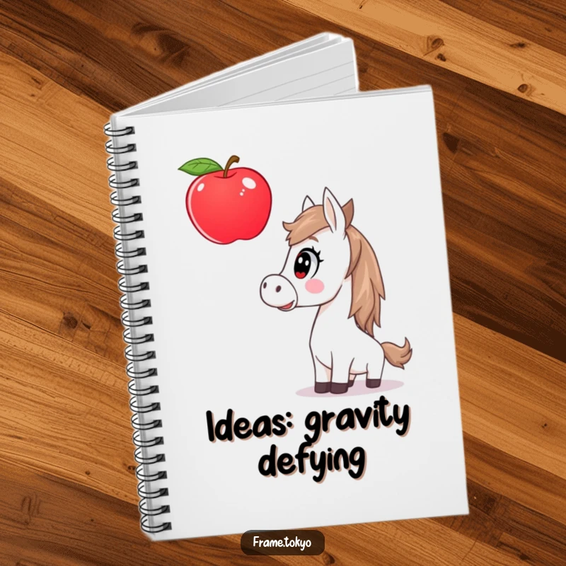 Funny horse notebook with a surprised equine staring at a giant, floating apple, inspiring creativity with every page.