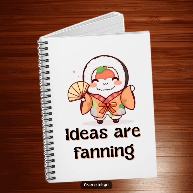 Funny sushi roll in a kimono waving a fan, inspiring creativity on this cute notebook cover.