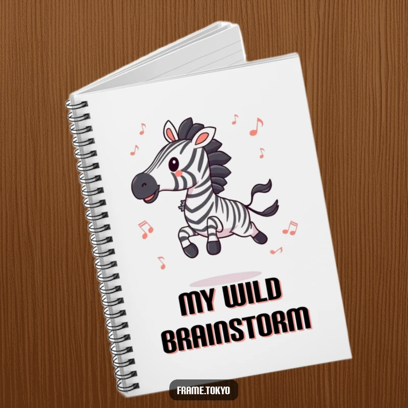 Funny zebra leaping with excitement amidst scattered music notes, a hilarious notebook for capturing melodies and thoughts.