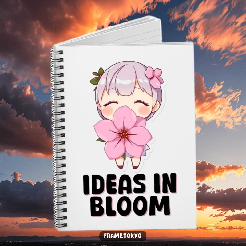 Funny Notebook: Cover features a character with closed eyes and a big smile, holding a huge cherry blossom.