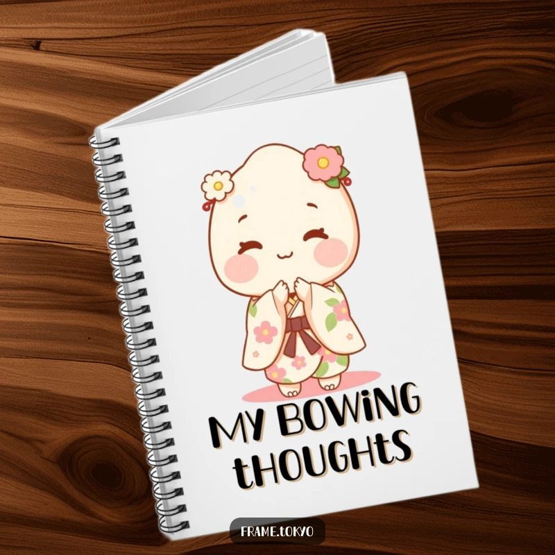 Happy mochi character in a kimono bowing gracefully, inspiring sweetness on this cute notebook cover.
