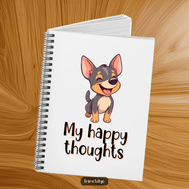 Funny pinscher notebook featuring a dog happily barking with its tail wagging furiously, ideal for jotting down joyful ideas.