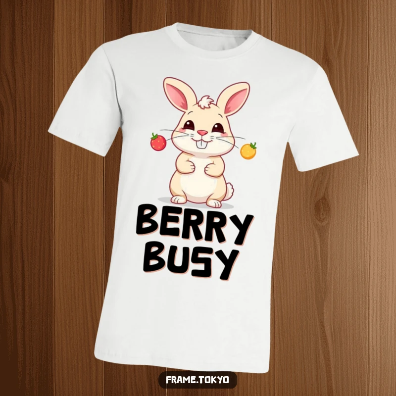 Funny t-shirt graphic of a happy rabbit with a silly smirk, juggling three luminous, tiny berries with skill.