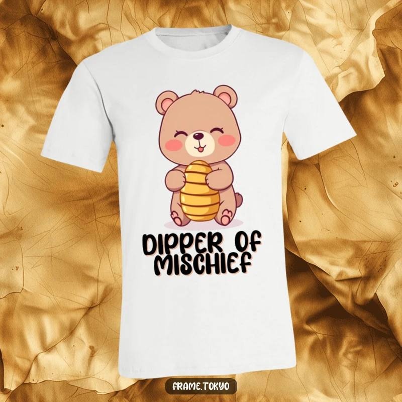 Funny t-shirt depicting a bear with a playful wink, skillfully balancing a tiny, spinning honey dipper, showcasing charming and humorous dexterity.