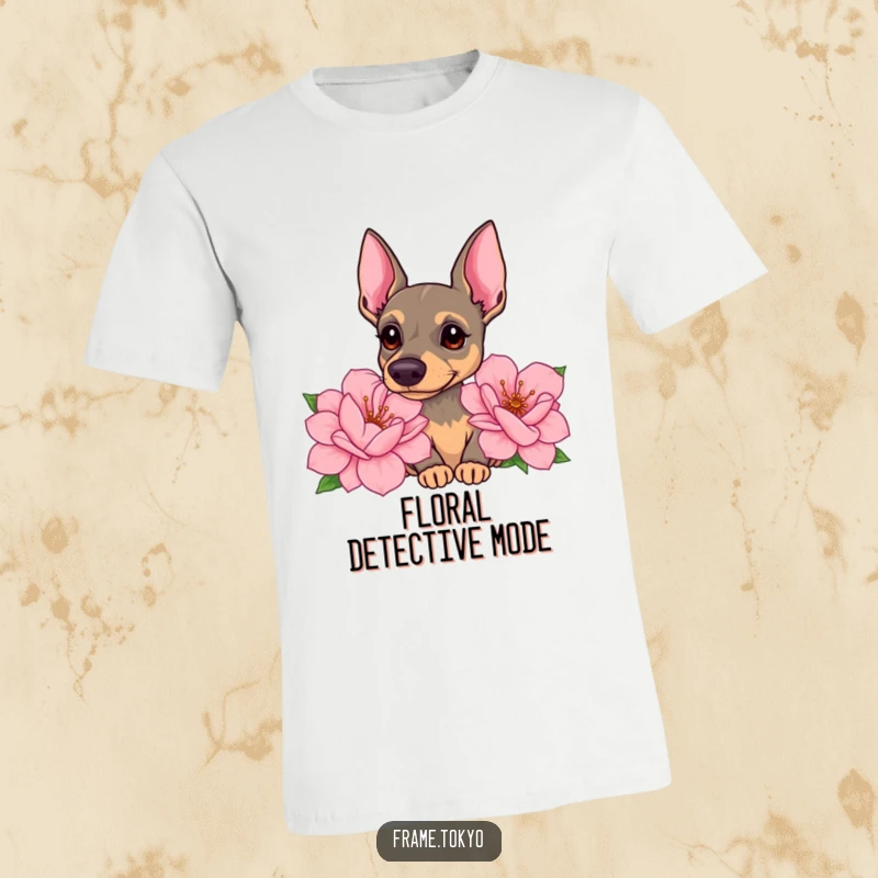 Funny pinscher t-shirt depicting a dog with a curious head tilt, sniffing giant, sweet-smelling flowers with gentle focus.