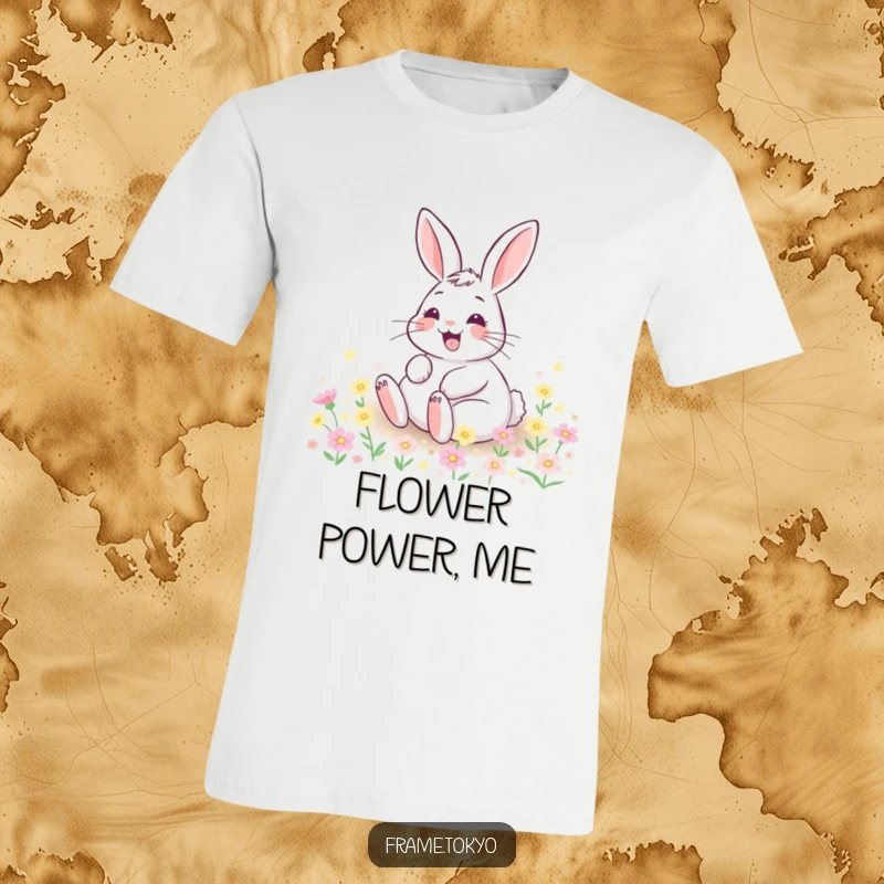 Funny t-shirt depicting a happy rabbit with a wide grin, rolling gleefully in a field of tiny, luminous flowers.