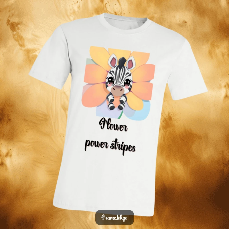 Funny zebra t-shirt; a zebra with sparkling eyes peeks around a huge, colorful flower, full of wonder.