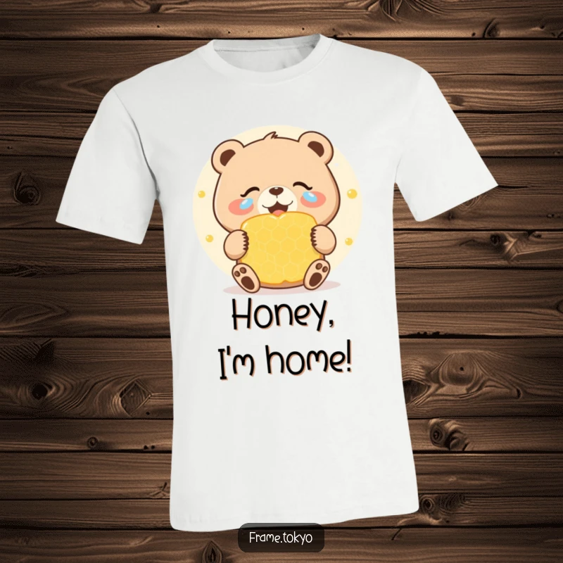 Funny t-shirt depicting a bear shedding joyous tears while celebrating a giant, sweet honeycomb, a humorous expression of pure delight.