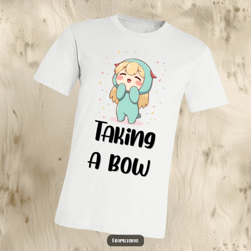 Funny Character T-Shirt: Enthusiastic bowing character surrounded by tiny abstract confetti, a festive design.