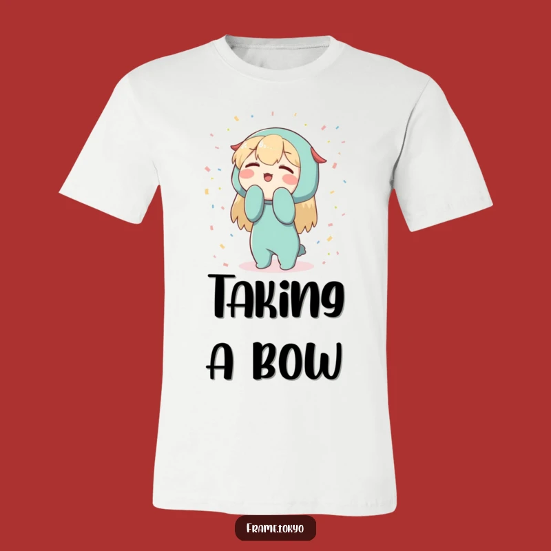 Funny Bowing Character Confetti T-Shirt: Enthusiastic Celebration Tee