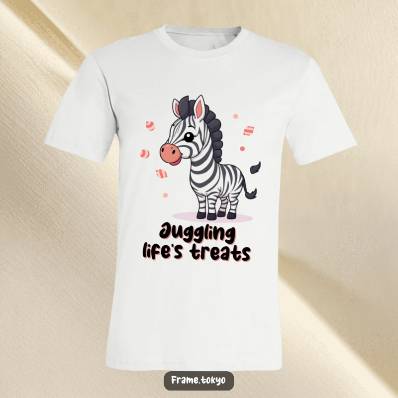 Funny zebra cheerfully waving and juggling small striped candies, a playful and humorous t-shirt design.