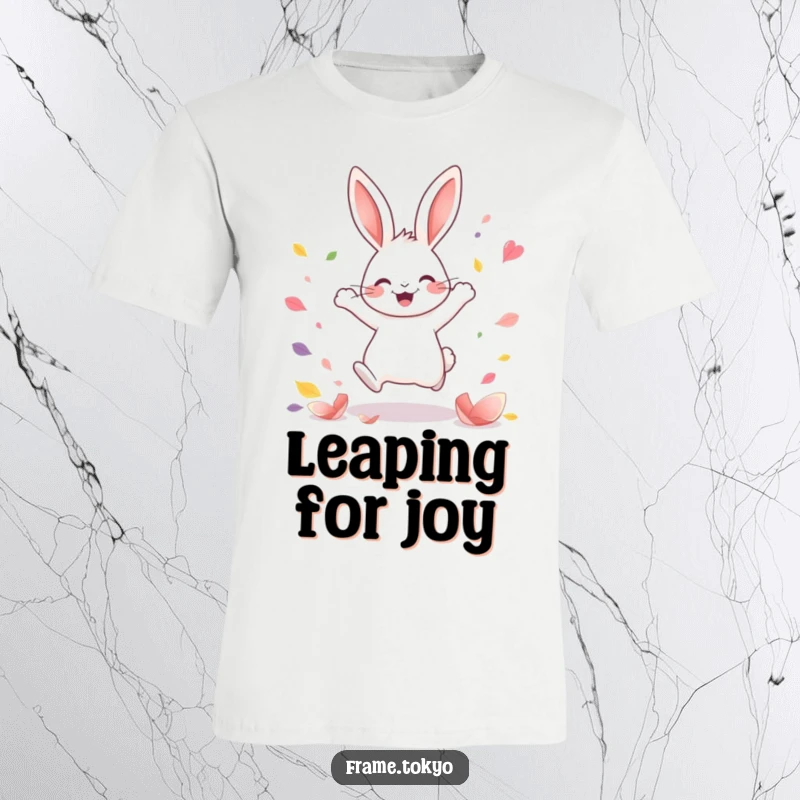 Funny Kawaii rabbit t-shirt depicting a happy rabbit leaping joyfully amidst a colorful scattering of abstract petals, full of life.