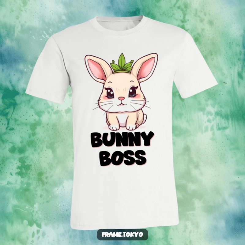 Funny Kawaii rabbit t-shirt featuring a cute rabbit with a mischievous look, wearing a small leafy crown, exuding playful royalty.