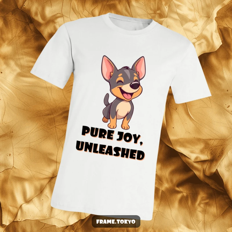Funny pinscher t-shirt featuring a dog happily barking with its tail wagging furiously, capturing pure canine exhilaration.