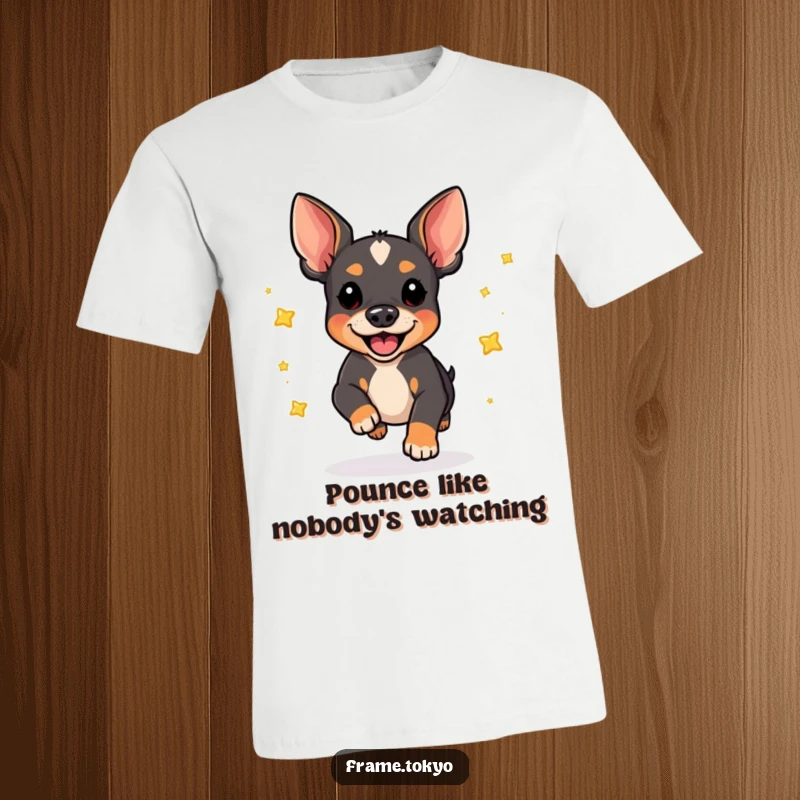 Funny pinscher dog t-shirt, joyfully pouncing and scattering bright, shiny stars. Expresses pure canine happiness and playful chaos.