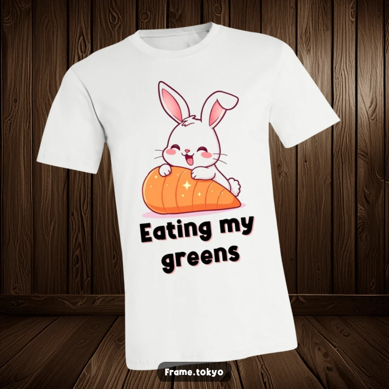 Funny Smiling Rabbit T-Shirt depicting a rabbit with long ears nibbling a giant sparkling carrot, a humorous item.