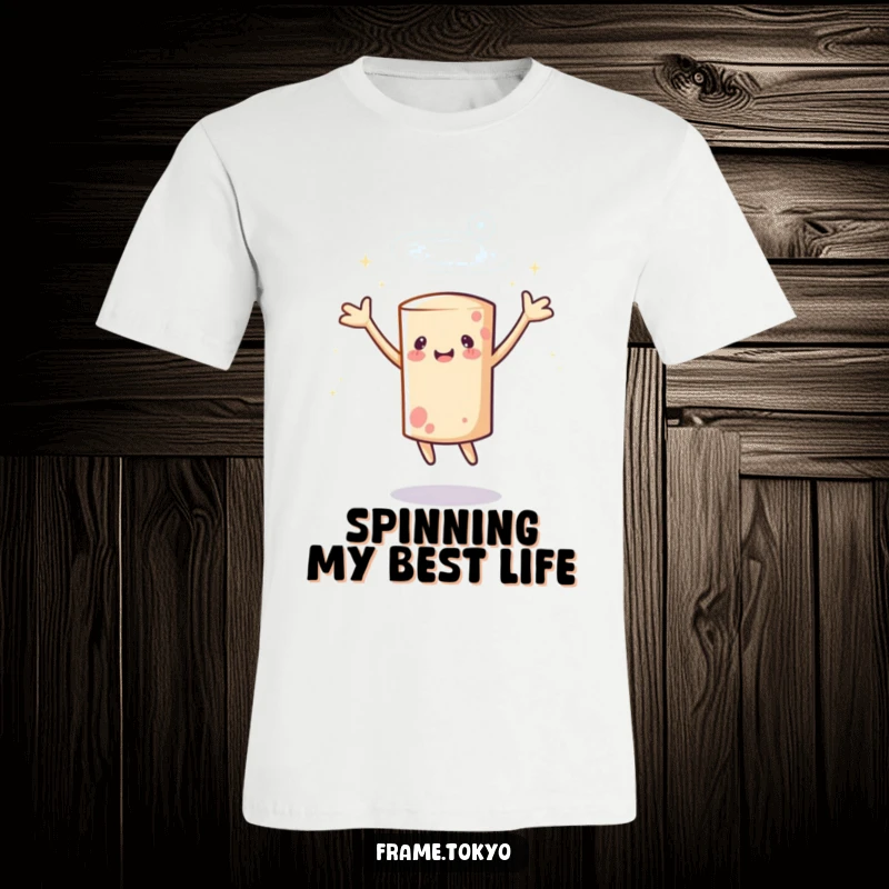 Funny cylindrical character t-shirt spinning with arms outstretched, embraced by a radiant halo of sparkles, embodying pure delight.
