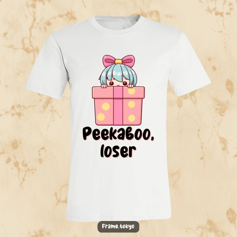 Funny T-Shirt with a character peeking coyly from behind a large, vibrant gift box, conveying curiosity and playful suspense.